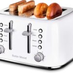 Roter Mond Toaster 4 Slice Retro Stainless Steel with Extra Wide Slots Bagel, Defrost, Reheat Function, Dual Independent Control Panel, Removable Crumb Tray, 6 Browning Levels, White