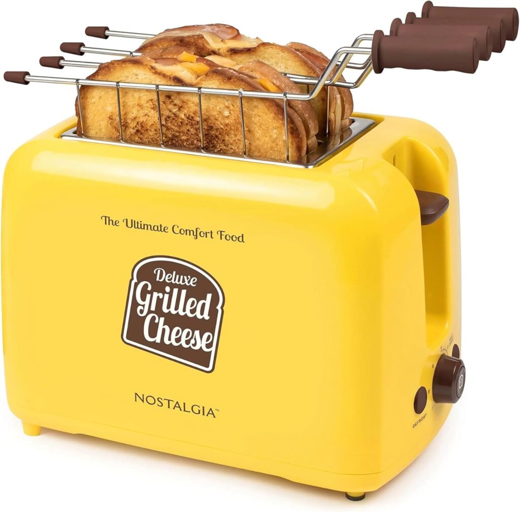 Nostalgia Deluxe Grilled Cheese Sandwich Toaster with Easy-Clean Toasting Baskets – Adjustable Toasting Dial and Extra Wide Slots – Yellow
