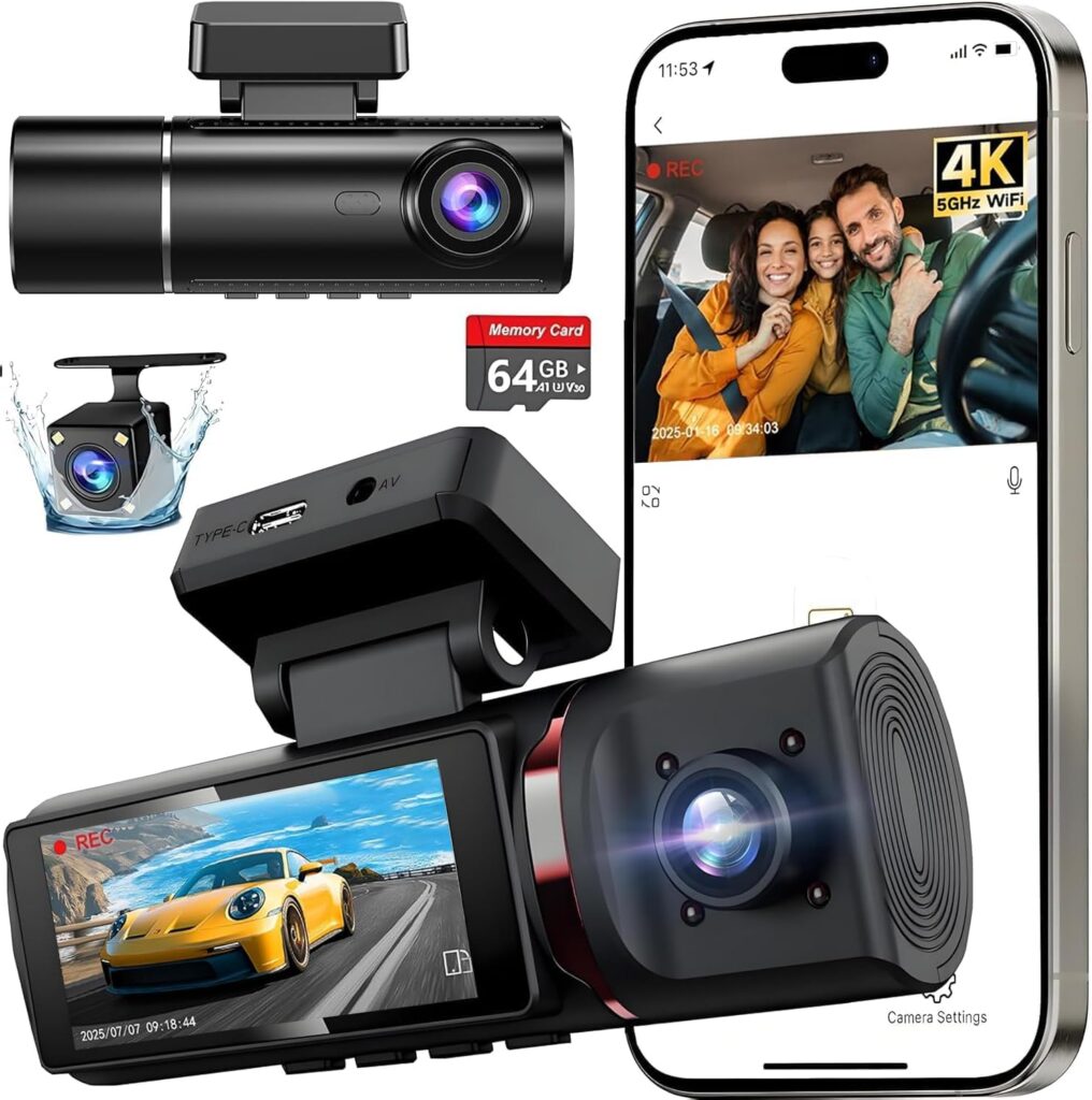3 Channel 4K Dash Cam Front, 1080P Dash Camera Rear and Inside for Cars with 3.16 IPS Screen, 64GB Card, G-Sensor, 24Hr Parking, App Control,Loop Recording, Night Vision,Support 256GB Max