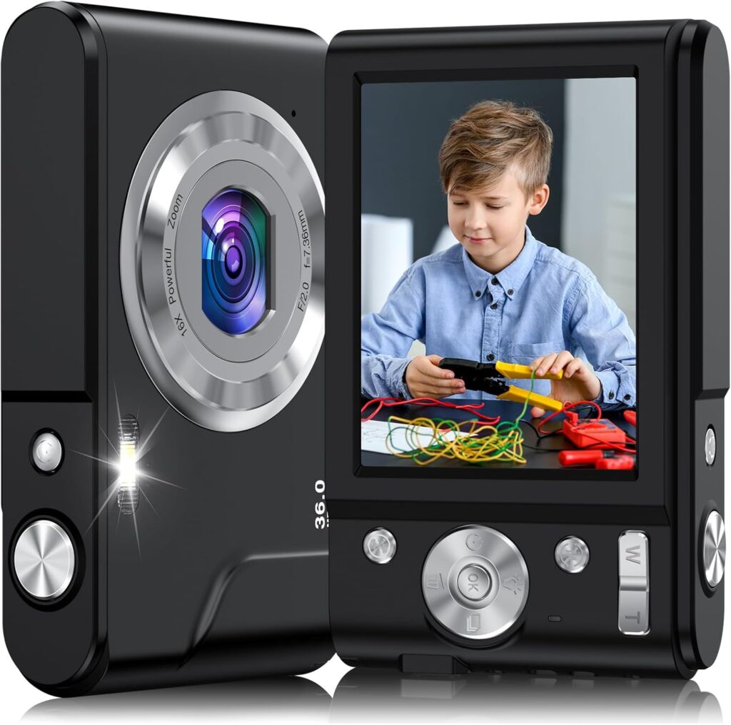 Digital Camera, 1080P Kids Digital Camera with 16X Digital Zoom, Flashlight, Compact Digital Point and Shoot Camera for Kids Children Boys Girls Beginners, 2 Batteries, Date Stamp, Black