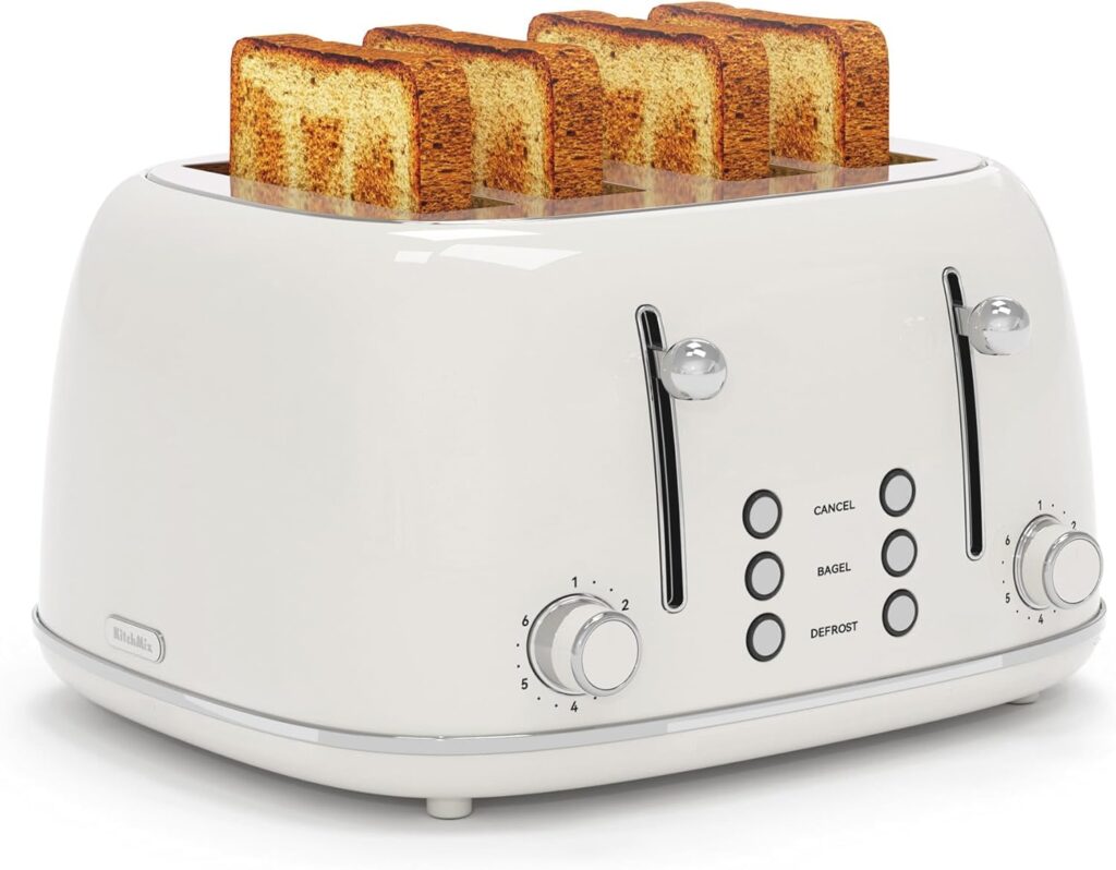 Toaster 4 Slice, Retro Stainless with 6 Bread Shade Settings,1.5”Wide Slots Toaster with Cancel/Defrost/Reheat Functions,Dual Independent Control Panel, Removal Crumb Tray (White)