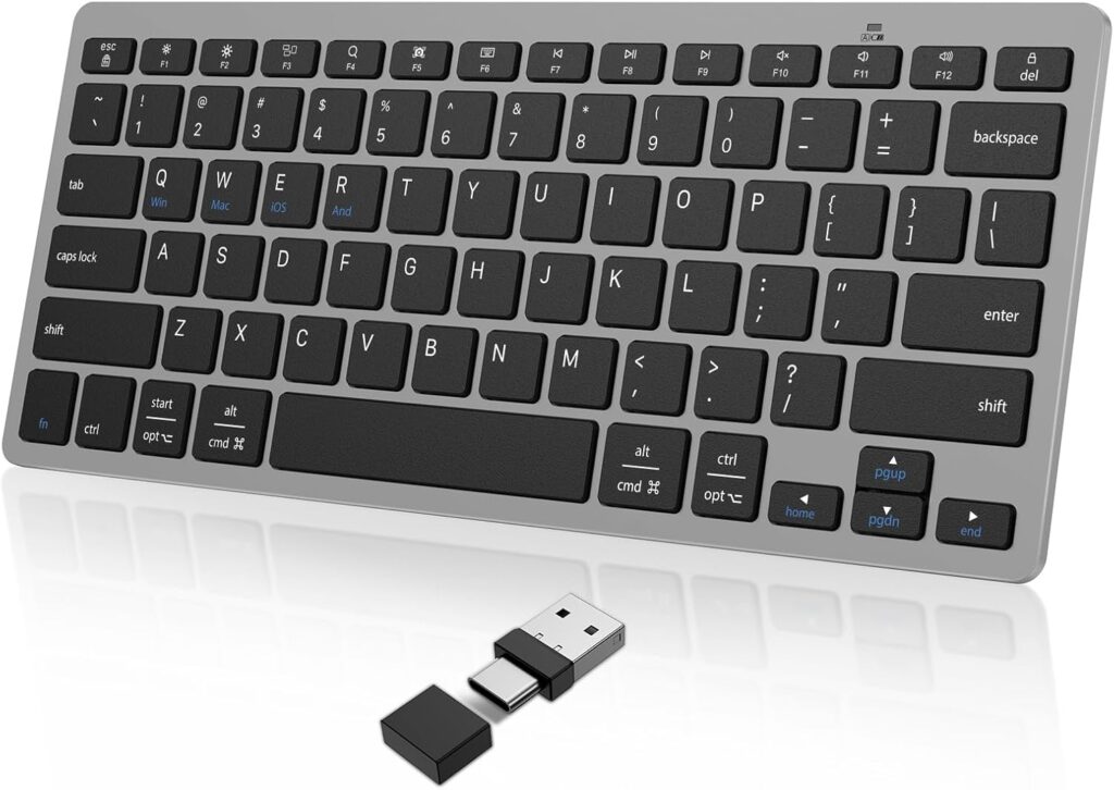 OMOTON 2.4G Wireless Keyboard for Win 7/8/10 with USB & Type C, Ultra Slim and Compact Quiet, Compatible with Laptop Tablet Desktop and PC (Grey)