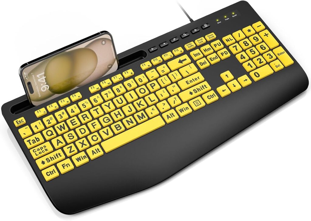 SABLUTE Large Print Keyboard Wired Computer Keyboards with Wrist Rest, Phone Holder, Big Letters Easy to Read Compatible Windows, Desktop, Laptop, Yellow