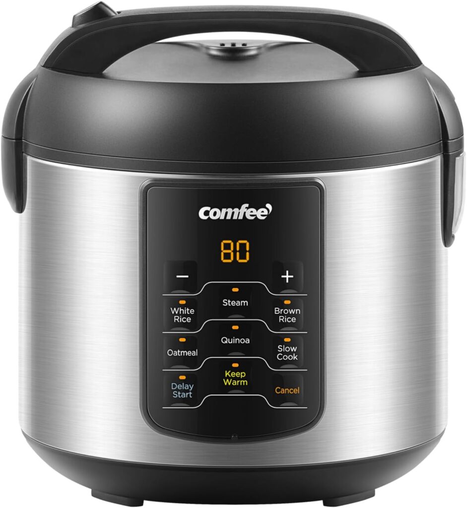 COMFEE’ Compact Rice Cooker, 6-in-1 Stainless Steel Multi Cooker, Slow Cooker, Steamer, Saute, and Warmer, 2 QT, 8 Cups Cooked(4 Cups Uncooked), Brown Rice, Quinoa and Oatmeal, 6 One-Touch Programs