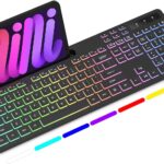 Wireless Keyboard with 7-Color RGB Backlit, Full-Size Computer Keyboard with Phone Tablet Holder, 2.4G Rechargeable Gaming Keyboard with Light Up Keys, Compatible with Mac, Windows (Black)