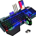 Wireless gaming Keyboard and Mouse,Rainbow Backlit Rechargeable Keyboard Mouse with 3800mAh Battery Metal Panel,Removable Hand Rest Mechanical Feel Keyboard and 7 Color Gaming Mute Mouse for PC Gamers