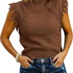 Saodimallsu Womens Sleeveless Sweater Vest Mock Neck Cable Knit Fringe Cap Sleeve Boho Trendy Pullover Tank Tops
