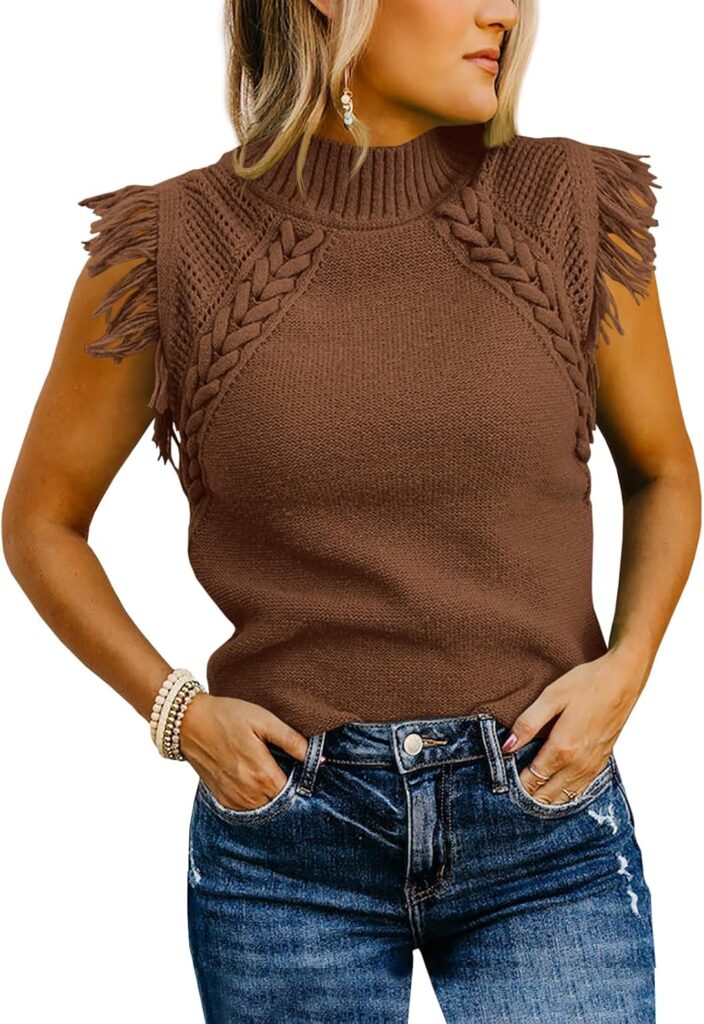 Saodimallsu Womens Sleeveless Sweater Vest Mock Neck Cable Knit Fringe Cap Sleeve Boho Trendy Pullover Tank Tops