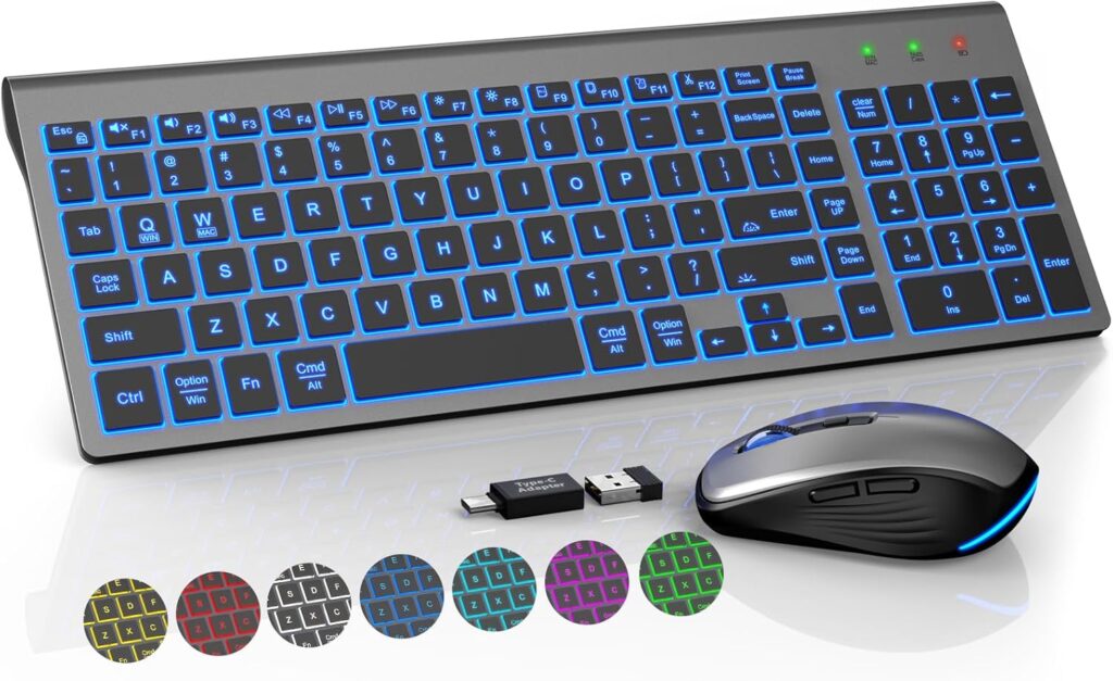 SABLUTE Wireless Keyboard and Mouse Combo Backlit – Compact Quiet Keyboard with RGB Mouse, Rechargeable, Slim, Sleep Mode, Portable Cordless Keyboard Mouse Set for Mac, Windows, Laptop (Space Gray)