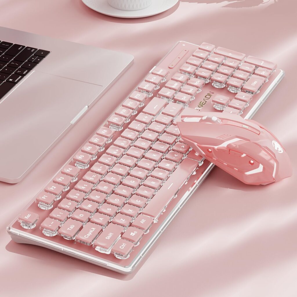 V3 Wireless Keyboard and Mouse with Single Backlit, Metal Panel, Bluetooth/2.4G Rechargeable Computer Keyboard and Mouse Combo Silent Lighted Full Size Cute Keyboards-Pink