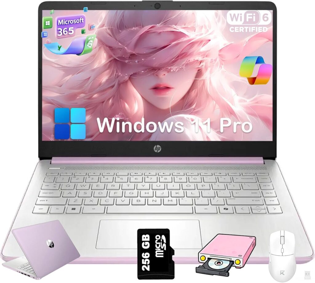 HP 2025 14 inch Everyday Laptop Computer for Student & Business – AI-Powered 1-Y Office 365 • Intel Quad-Core CPU • Ultra-Light • 16G RAM • 384G Storage (128G UFS+256G SD Card) • Win 11 Pro • Lavender