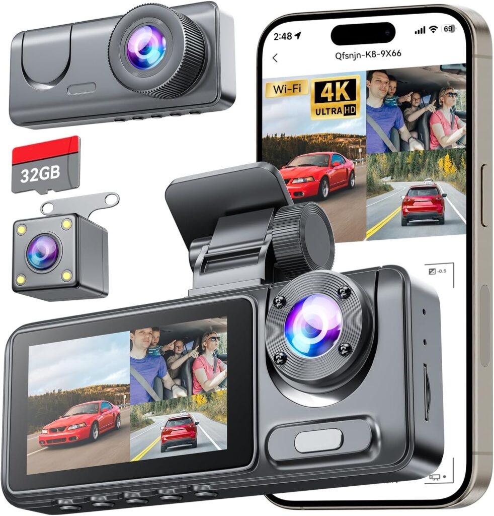 3 Channel Dash Cam for Cars Front Rear Inside, 1080P WiFi Dash Cam w/ 32GB Card, 2.0″ IPS Screen Dashboard Camera Recorder with App Control, G-Sensor, Loop Recording, Night Vision, Parking Monitor