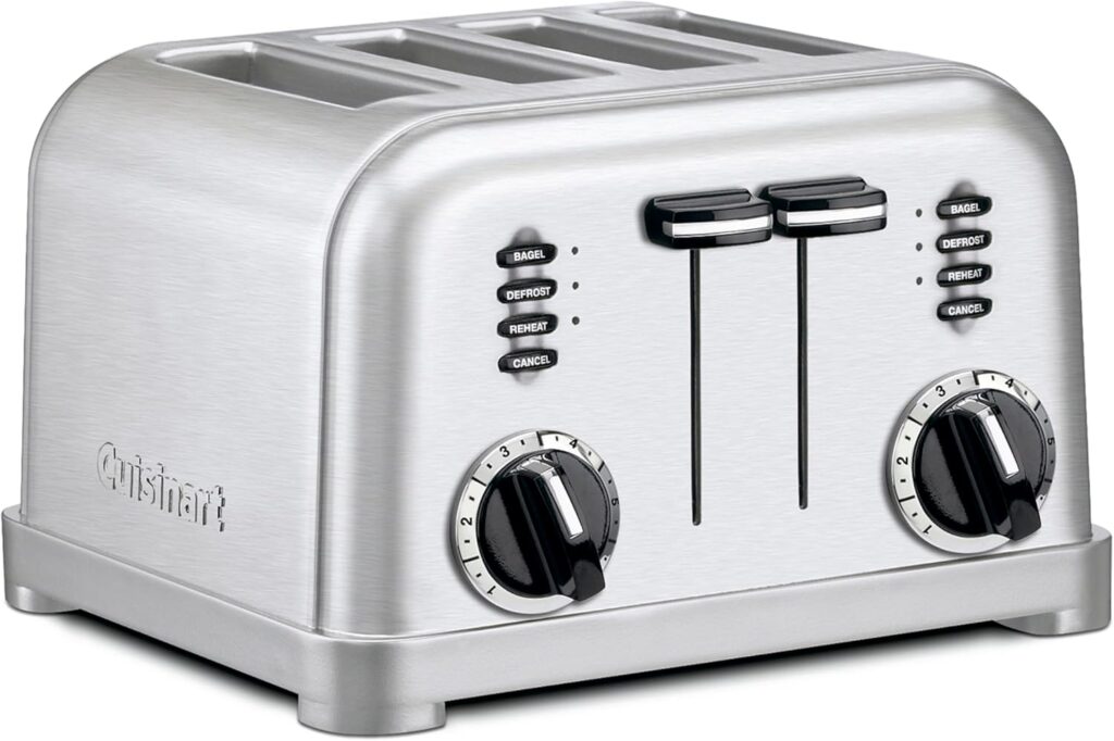 Cuisinart 4 Slice Toaster, Compact Stainless Steel Toaster with Extra-Wide Slots for Toasting Bread, French Toast, Bagels and Pastries, Defrost & Reheat Functions, CPT-180P1, Brushed Stainless