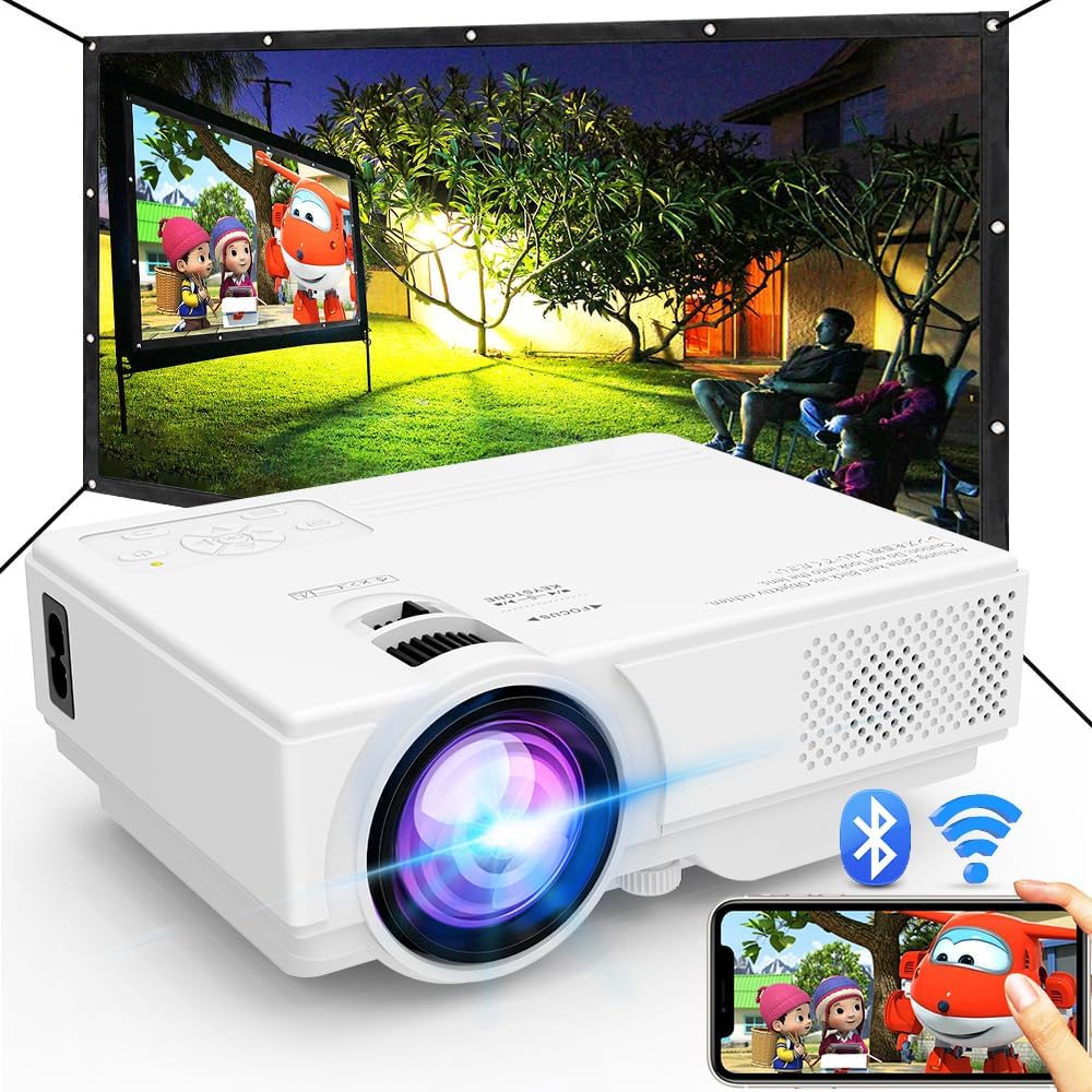 Projector with WiFi and Bluetooth, Upgrade Outdoor Projector, Mini Movie Projector Supports 1080P Synchronize Smartphone Screen by WiFi/USB Cable for Home Entertainment (WiFi)