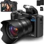 8K Digital Camera, 88MP Cameras for Photography with WiFi & Touch Screen, 16X Zoom Vlogging Camera for YouTube Video, Autofocus & Anti-Shake, Dual Camera, 2 Batteries, 64GB Card, Flash, Lens Hood