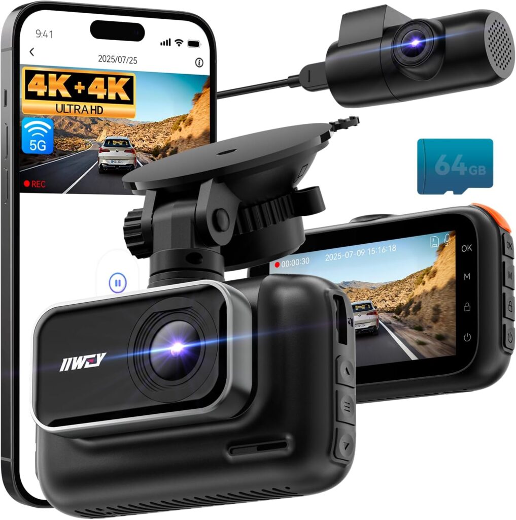 IIWEY 4K+4K Dash Cam Front and Rear, 5G Wi-Fi 64GB SD Card Included, STARVIS Dash Camera for Cars, 3 Inch IPS Screen, Dual Channel HDR Night Vision, 24H Parking Mode, 170° Wide Angle, G-Sensor