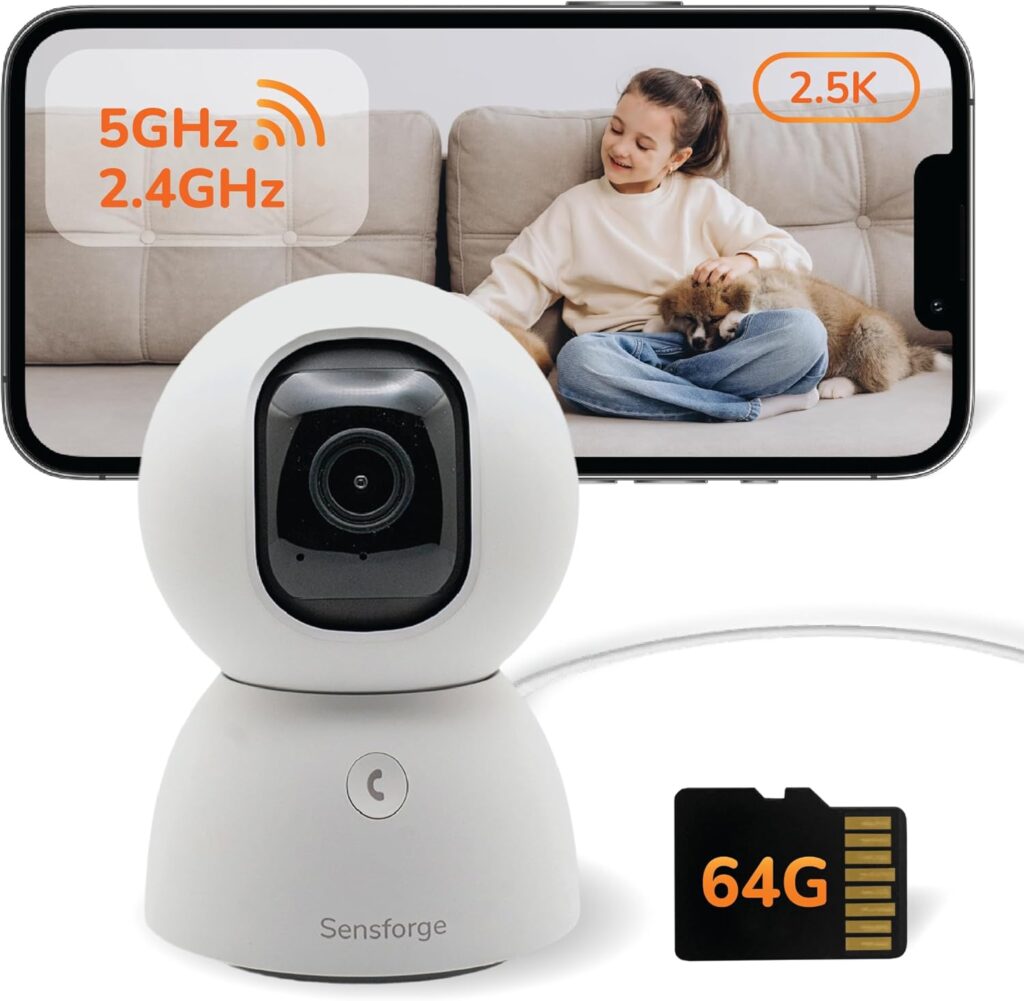 Sensforge 2.5K Indoor Pan-Tilt Dome Security Camera, AI Human & Pet Detection, 360° Coverage, Two-Way Audio, Dual-Band Wi-Fi (2.4G/5G), 64GB SD Card Included, No Monthly Fees