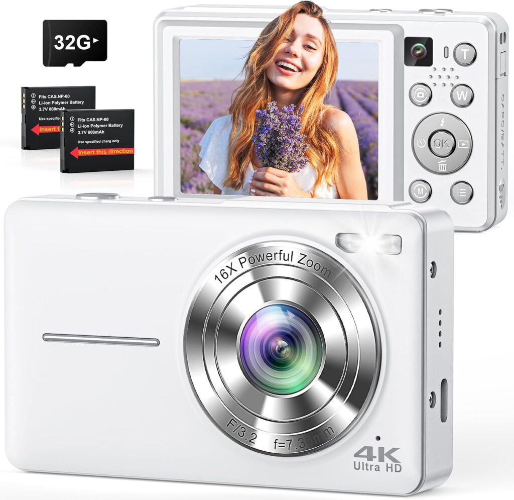 Digital Camera, 4K 64MP Cameras for Photography, Point and Shoot Digital Camera with Auto Focus, Dual Camera, Flash, 16X Zoom, Anti Shake, 32GB Card, Compact Vlogging Camera for Teens, Adults