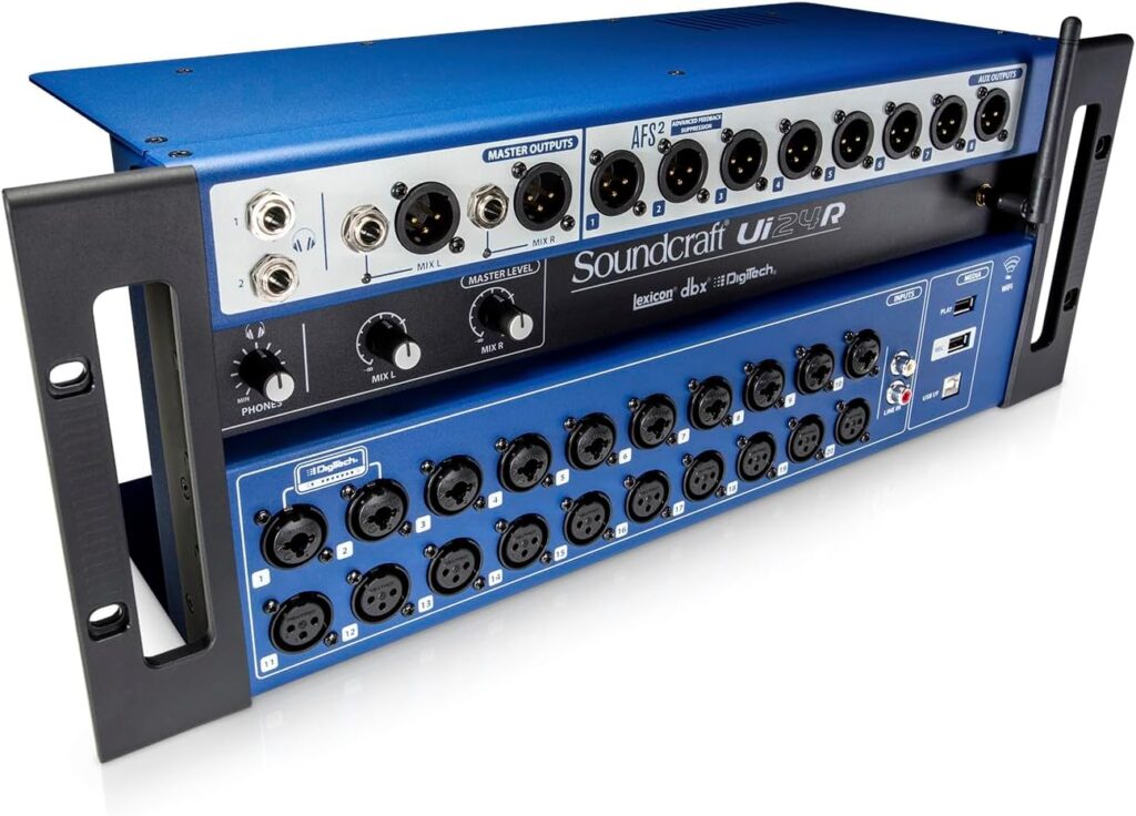 Soundcraft Ui24R Rack-Mountable Laptop or Tablet-Controlled, 24 input Digital Audio Mixer with onboard Signal Processing. Blue and Gray