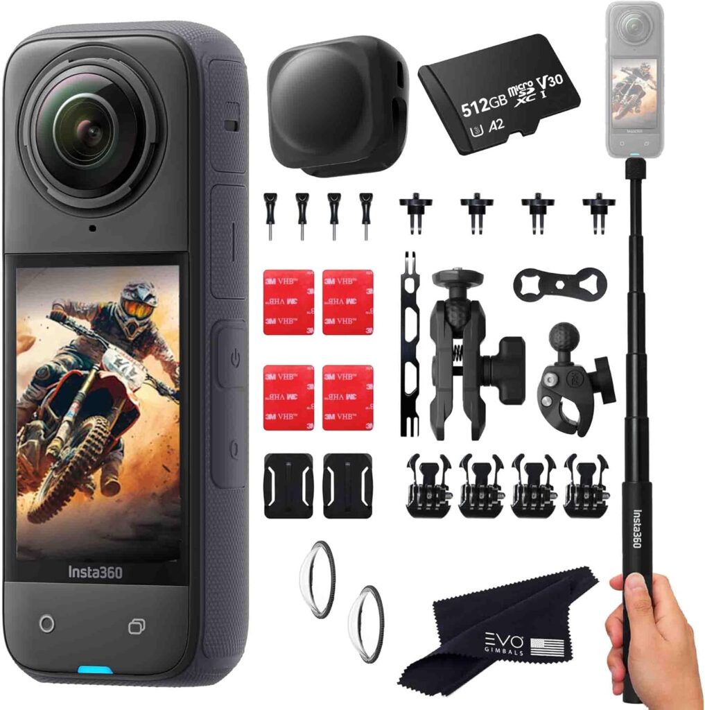 Insta360 X4 Motorcycle Bundle- 8K Waterproof 360 Action Camera with 1/2″” 48MP Sensors, 8K 360 HDR Video, |Includes Motorcycle Bundle, Selfie Stick, Lens Guards, Lens Cap (512GB), Black