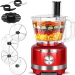 Homtone 16 Cup Food Processor Large, 9 Functions 7 Blades 3 Speeds for Shredding, Slicing, Making French Fries, Chopping Meat, Kneading Dough & Emulsifying, 600W, Red