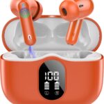 Wireless Earbuds, Bluetooth 5.4 Headphones Bass Stereo, Ear Buds with Noise Cancelling Mic, IP7 Waterproof in Ear Earphones, 36H LED Display Bluetooth Earbuds for Laptop Pad Phones Sports, Orange