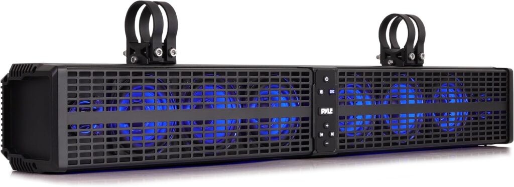 Pyle 32″ Powered ATV/UTV Soundbar System, 200W Bluetooth Speakers with Built-in Amplifier, Waterproof and Weatherproof, Wireless BT Streaming and Auxiliary Input, LED Lights