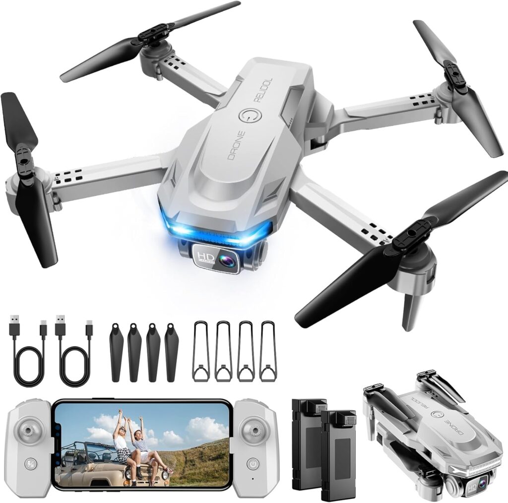 Drone with 1080P Camera – Foldable Remote Control Quadcopter with Voice Gesture Control, 3D Flip, One Key Start, Emergency Stop, 2 Batteries, Easier to use, Toy for Adults Beginners, Grey