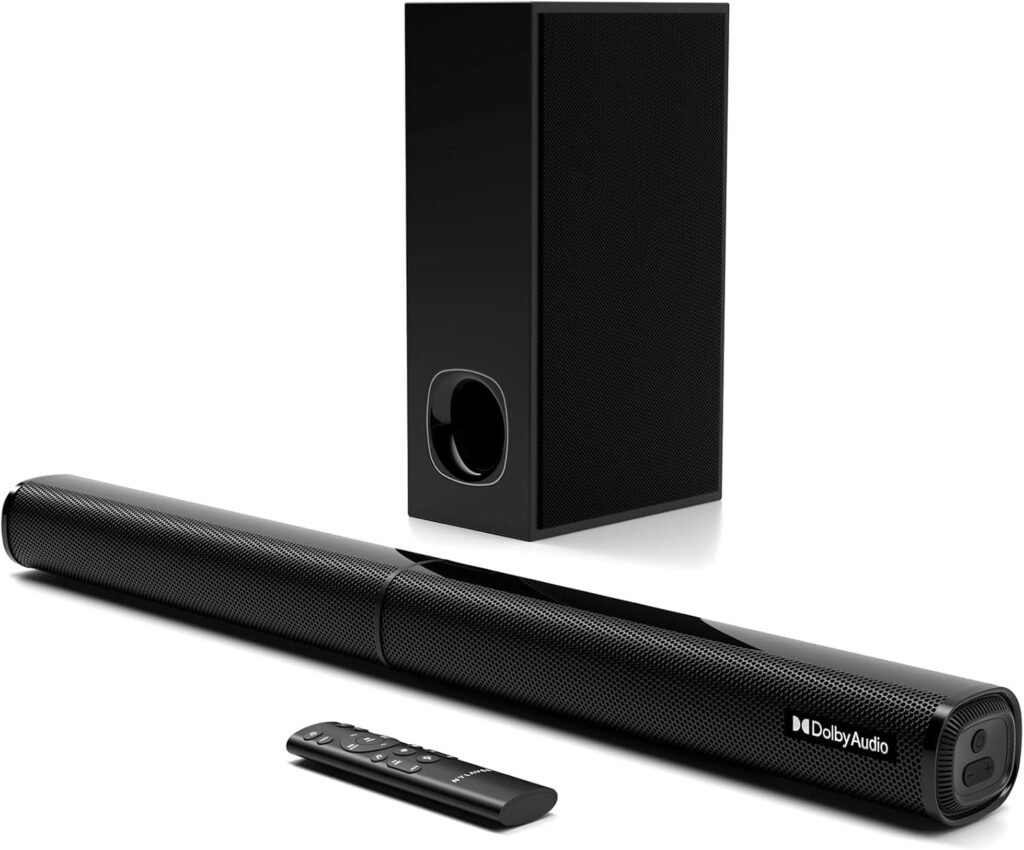 Nylavee Sound Bar – 2.1ch Dolby Audio Soundbar with Subwoofer, 240W High Volume, Wall Mountable 30-inch Bluetooth Sound Bar with HDMI ARC, Optical, and AUX Connection for TV, Projector, Computer