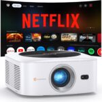 1500 ANSI Official Licensed Netflix Outdoor Projector 4K Full HD, Smart Projector with Wifi and Bluetooth, Auto Focus, Dolby Sound, Built-in Apps, HAPPRUN Indoor Home Theater for Phone/PC/PS5