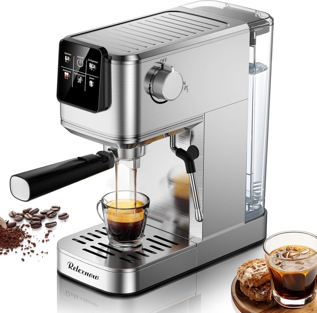 Espresso Machine, 20 Bar Espresso Maker Milk Frother & LCD Panel, Hot & Iced with Rapid Cold Brew, Stainless Steel Espresso Coffee Machine with 41oz Water Tank for Cappuccino, Latte