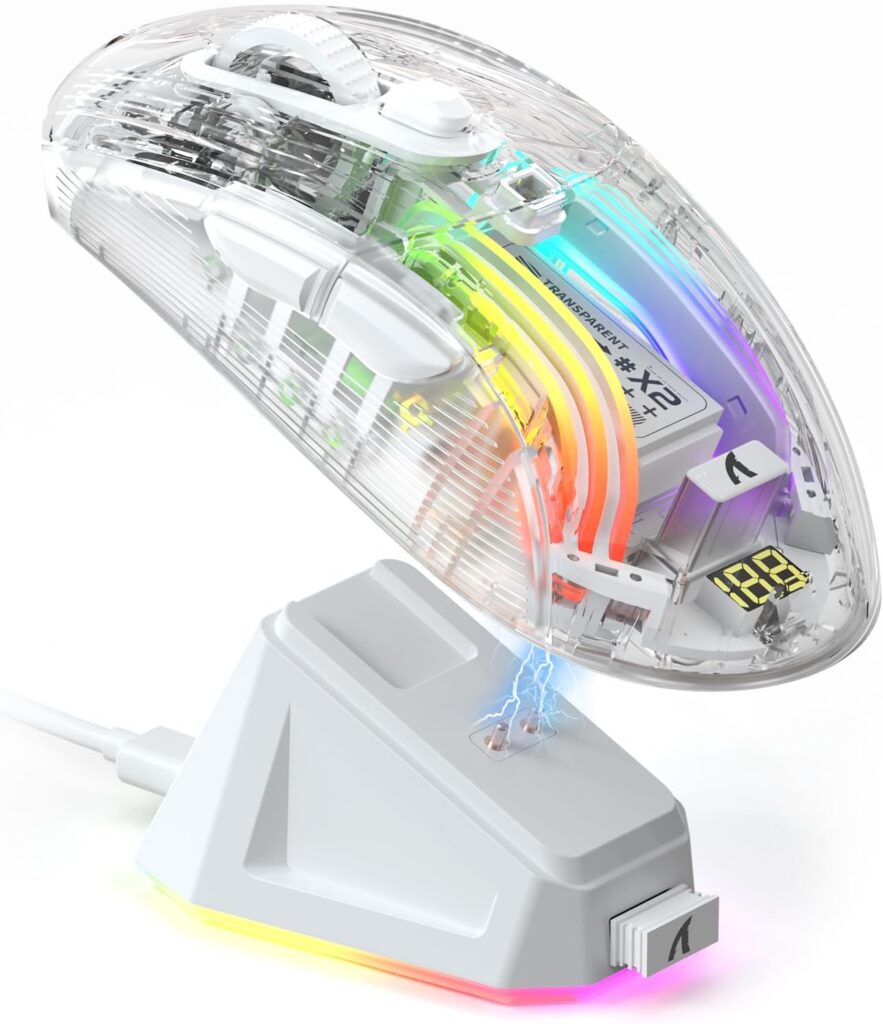 ATTACK SHARK X2 Pro Wireless Gaming Mouse with RGB Charging Dock,Tri-Mode PC Gaming Mice 2.4G/Bluetooth/Wired,Noiseless Mouse RGB Backlit,Transparent Shell,PixArt 3212 4000 DPI,for Win/MAC,White