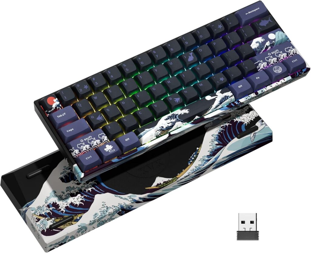 XVX 60% Gaming Keyboard, RGB 3-Modes Wireless Mechanical Keyboard, Mini 60 Percent Gamer Keyboard with Hot-Swappable Pre-lubed Linear Switch for Windows & Mac (Great Wave Off Kanagawa), M61 Pro