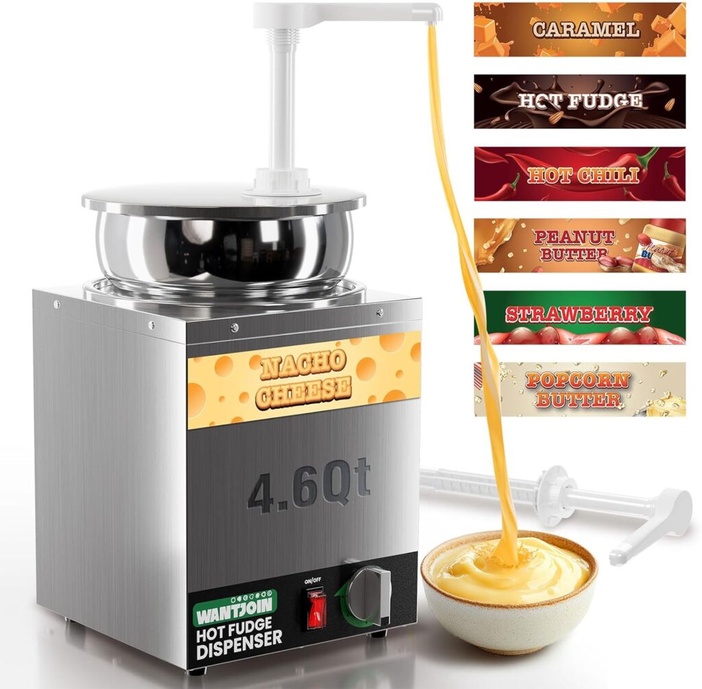 WantJoin 4.6Qt Nacho Cheese Dispenser with Pump – Nacho Cheese Warmer,Stainless Steel Hot Fudge Warmer W/5-Level Temperature Adjustment,Commercial Hot Fudge Dispenser for Caramel