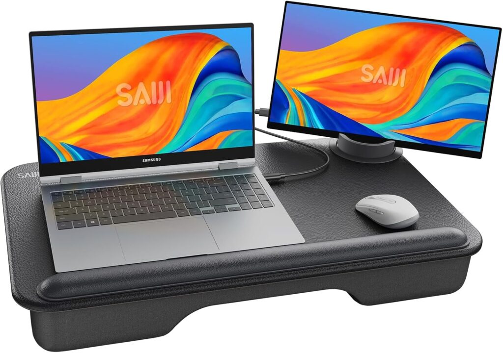 SAIJI Laptop Lap Desk – Fits Up to 17″ Laptops, Lightweight Lap Tray Table Stand with Soft Leather Wrist Pad, External Monitor Holder, Lap Desk with Cushion for Home Office Working/Gaming On Couch