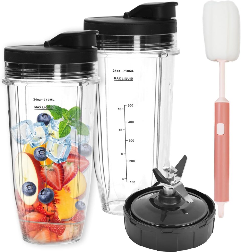 2025 Upgrade 2 * 24oz Ninja Blender Cups Replacement with 2*To-Go and 7 Fins Extractor Blade Lids compatible with Nutri Ninja Blenders, Blender Bottles for Auto iQ Smoothie Cups Ninja Cups BL/CT/NN