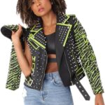 ForHer NYC Women’s Studded Faux Leather Motorcycle Jacket, Black/Red, Black/Lime, S-2X, Detachable Sleeves, Punk Style, 81989