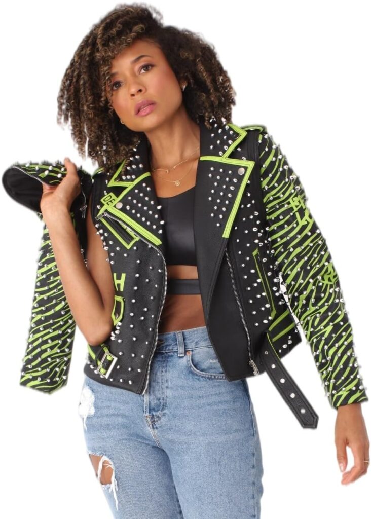 ForHer NYC Women’s Studded Faux Leather Motorcycle Jacket, Black/Red, Black/Lime, S-2X, Detachable Sleeves, Punk Style, 81989