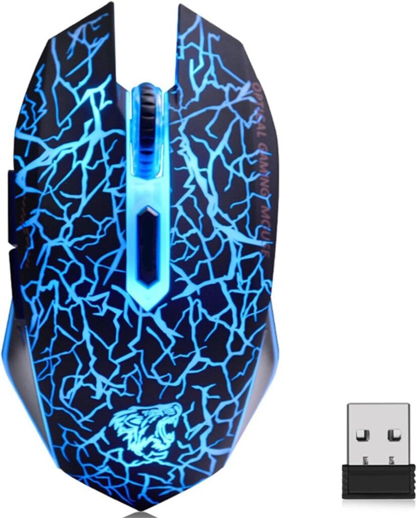 TENMOS M2 Wireless Gaming Mouse, Silent Rechargeable Optical USB Computer Mice Wireless with 7 Color LED Light, Ergonomic Design, 3 Adjustable DPI Compatible with Laptop/PC/Notebook, 6 Buttons (Black)