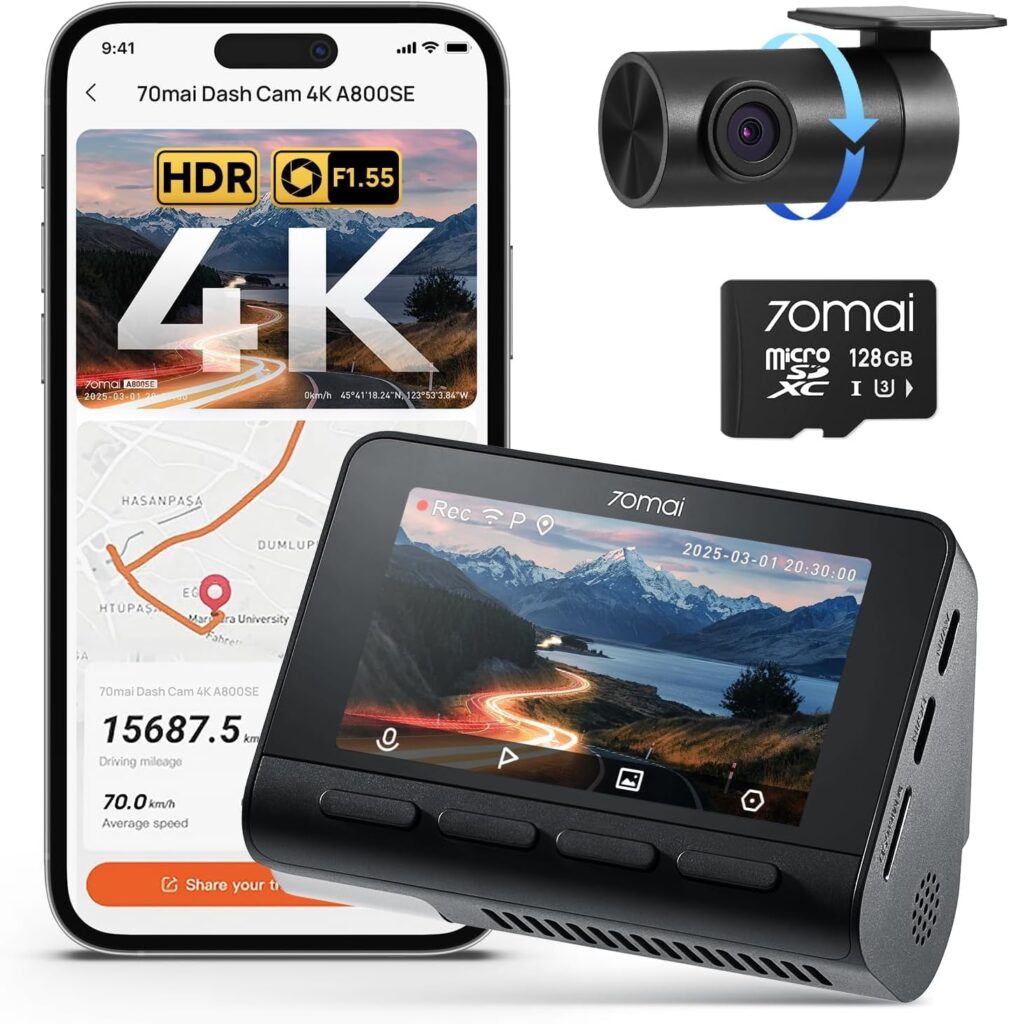 70mai 4K Dash Cam Front and Rear, Built in Wi-Fi 6 & GPS Car Camera, Super Night Vision, ADAS, 3” IPS Screen, 24H Parking Mode, Time-Lapse, Loop Recording, with 128GB Card (A800SE)