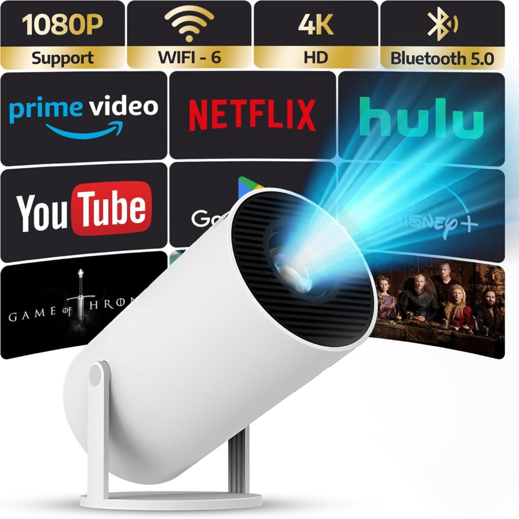Upgraded Projector with WiFI 6 and Bluetooth Mini Portable Smart Video Theater 4K HD 1080P Outdoor Screen Movie Home TV Android Monitor PC Games 180° Rotatable Compatible for Laptop Tablet Computer