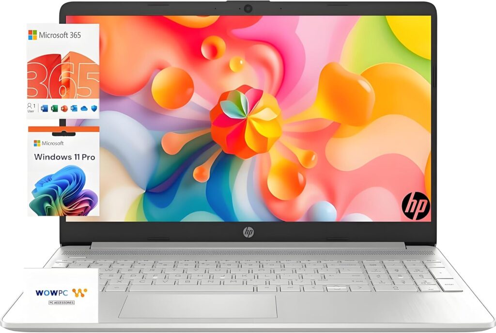 HP 15 inch Laptop for Home or Work, Intel 4-core Processor, 16GB RAM, 256GB SSD, 15.6″ Micro Edge LED IPS Display, SD Card Reader, HDMI, Windows 11 Pro with Microsoft Office 365 Included, WOWPC USB