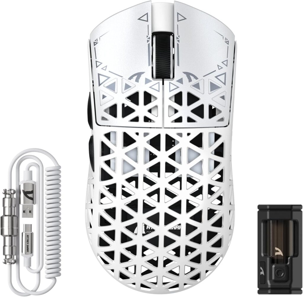 ATTACK SHARK R5 Ultra Wireless Gaming Mouse,39g Superlight Carbon Fiber Hollowed-Out,PAW3950MAX Optical Sensor Nordic 52840 MCU 8K Polling 42K DPI,BT/2.4G/USB-C Mice with Coiled Cable for PC/Mac-White