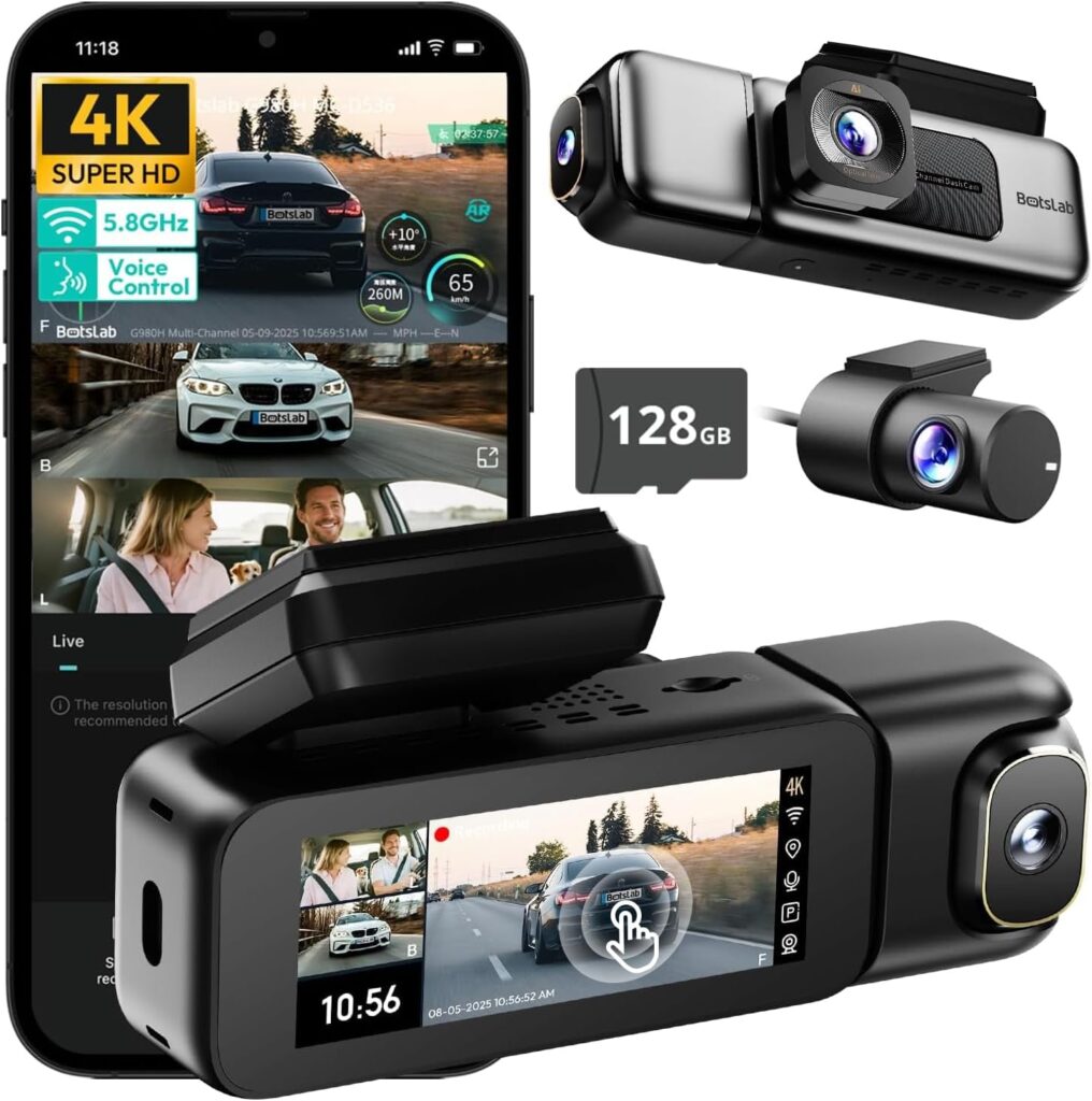 BOTSLAB 3 Channel Dash Cam 4K with 128GB Card, 3.18″ Touch Screen, Voice Control, 4K Front and 1080P Rear Inside Loop Recording, 5.8GHz WiFi, GPS, Night Vision, WDR, Parking Mode