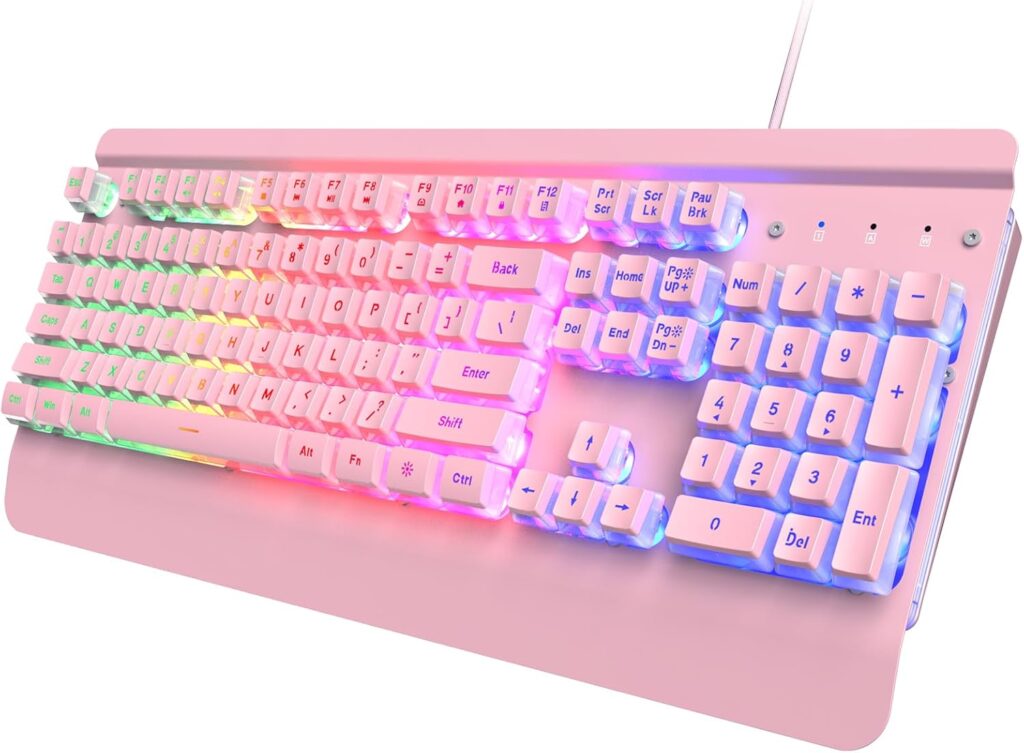 Pink Creamy Keyboard, 104 Keys All-Metal Panel, Rainbow LED Backlit Silent Gaming Keyboard, Wrist Rest, PBT Keycap, Anti-ghosting Keys, Light Up USB Wired Computer Keyboard for PC