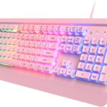 Pink Creamy Keyboard, 104 Keys All-Metal Panel, Rainbow LED Backlit Silent Gaming Keyboard, Wrist Rest, PBT Keycap, Anti-ghosting Keys, Light Up USB Wired Computer Keyboard for PC
