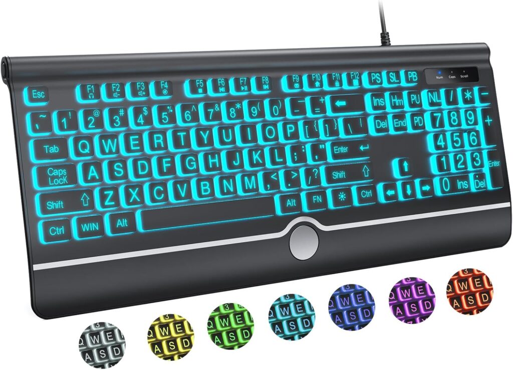 Large Print Backlit Computer Keyboard, USB Full Size Wired Keyboards with 7-Colors Backlight, Wrist Rest, Light Up Keyboard for Windows, PC, Laptop – Easy to See, Easy to Setup