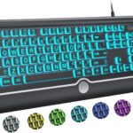 Large Print Backlit Computer Keyboard, USB Full Size Wired Keyboards with 7-Colors Backlight, Wrist Rest, Light Up Keyboard for Windows, PC, Laptop – Easy to See, Easy to Setup