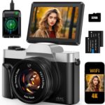 4K Digital Camera for Photography 64MP WiFi Vlogging Camera for YouTube Autofocus 3″ 180° Flip Screen 16X Zoom Compact Travel Cameras with Anti-Shake, SD Card, 2 Batteries & Battery Charger