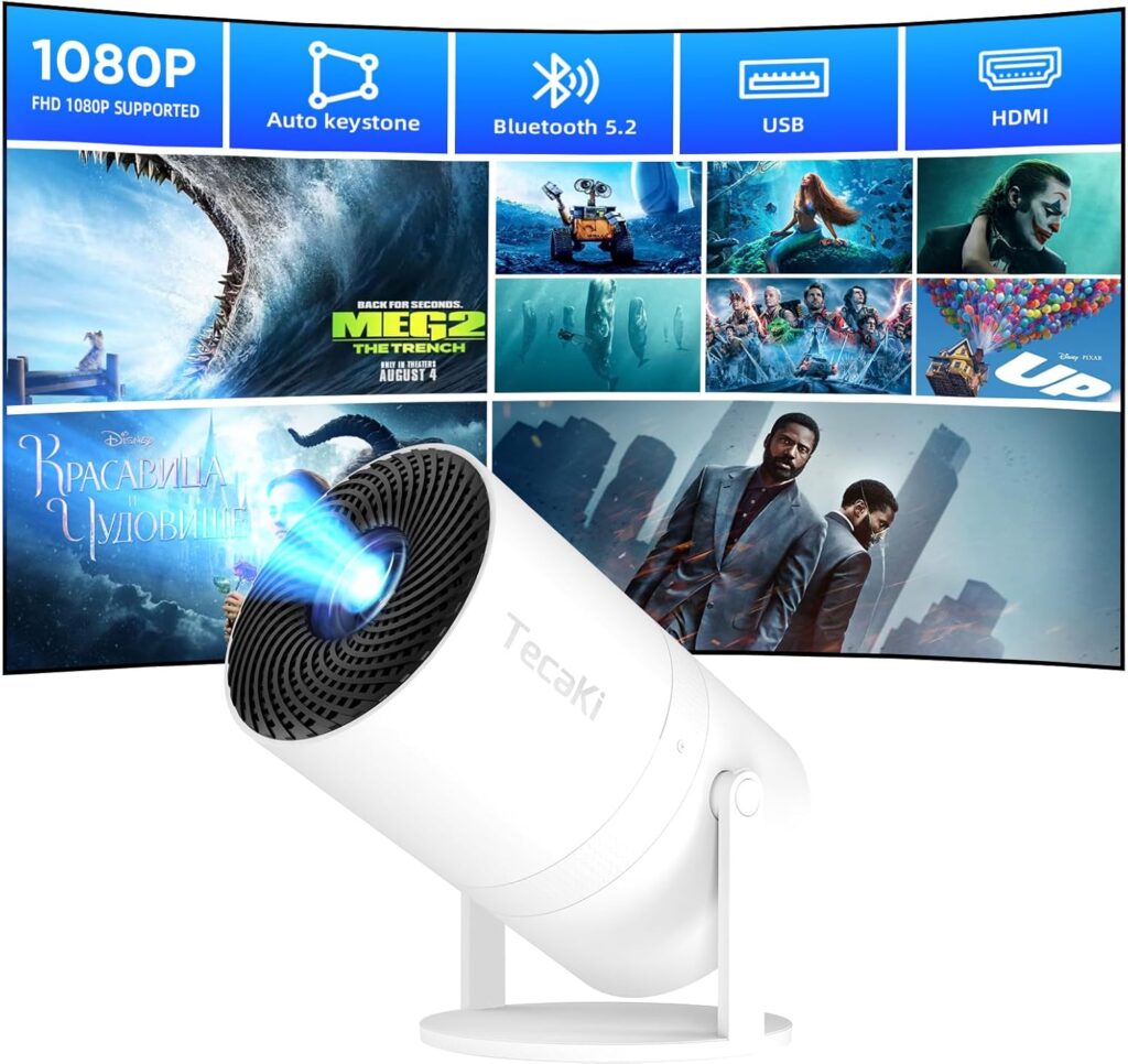 Mini Portable Projector 4K 1080P Supported Projection,Movie Smart Projector with 180°Rotatable Stand Auto Keystone Correction, Compatible with TV Stick, HDMI, USB, Laptop, Smartphone